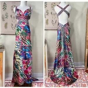 Y2k Cache Satin Beaded Sequin Open Back Formal Train Dress Fairy McBling Sexy 2